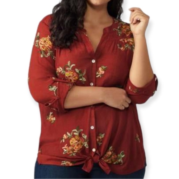 FIG AND FLOWER Embroidered Blouse Maroon Size 2X Dark Autumn Fall Thanksgiving - Picture 1 of 9